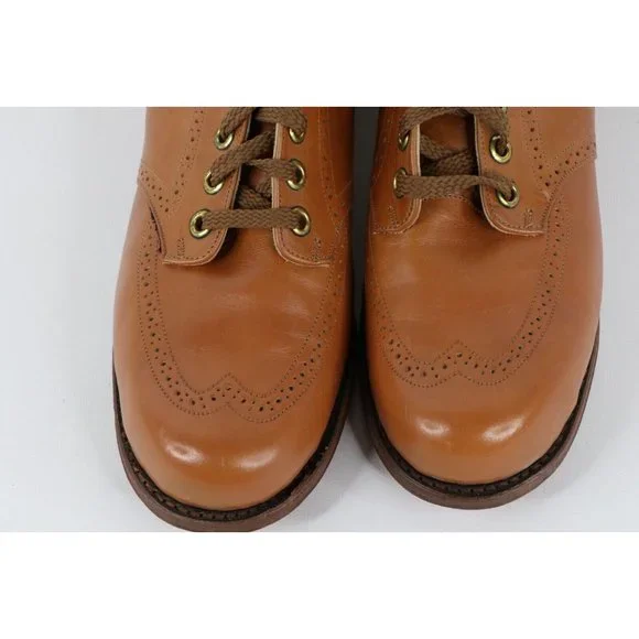 NOS Vintage 90s Womens 7.5 B Chunky Heel Leather Wingtip Shoes Camel Brown  USA Shoes